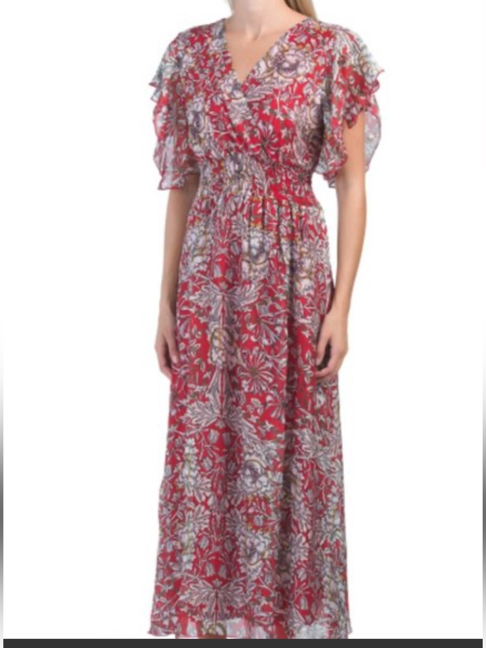 Floral Red Maxi Dress with Smocked Waist and Flutter Sleeves